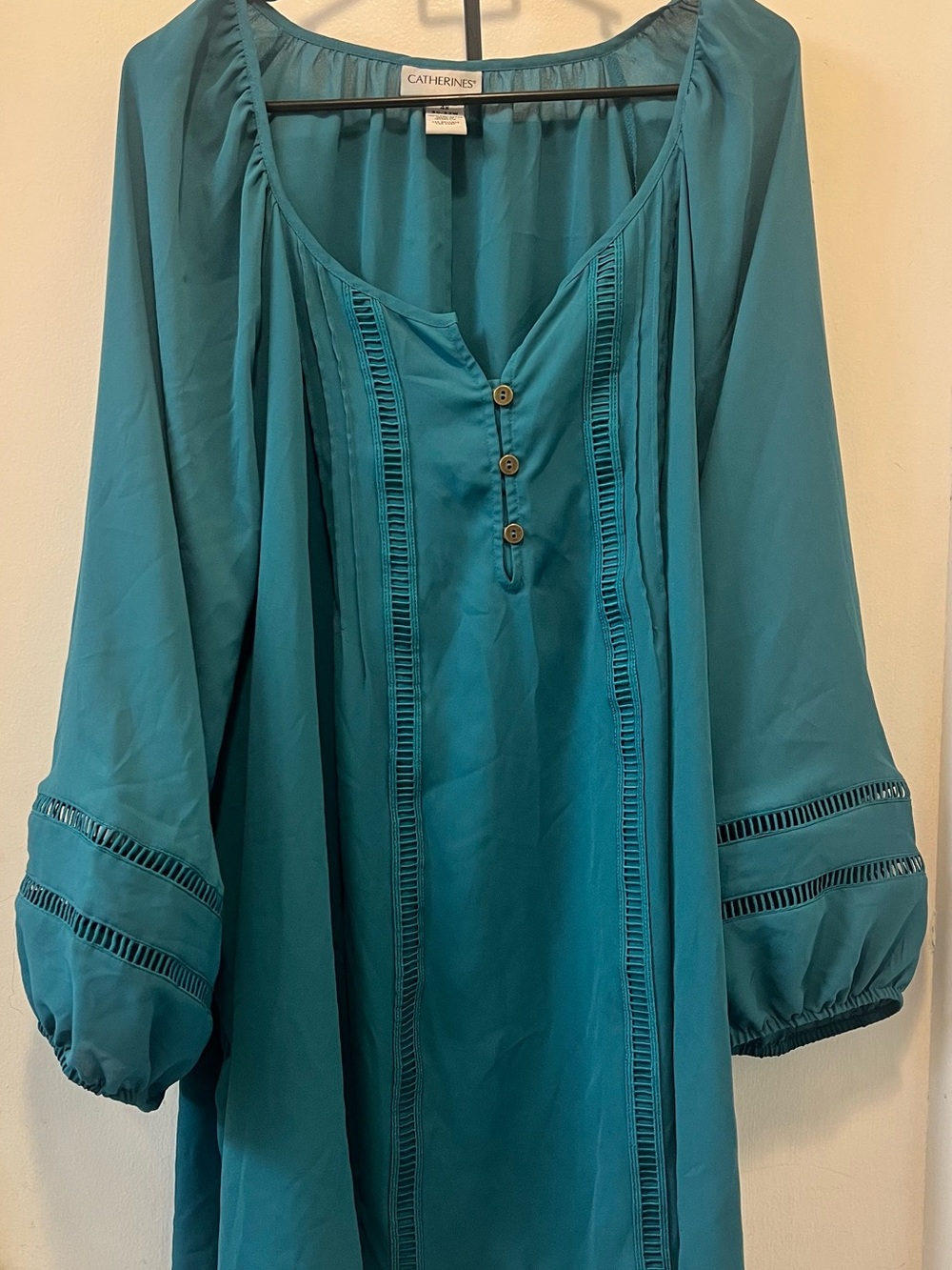 Catherines Teal Peasant Blouse with Ladder Trim